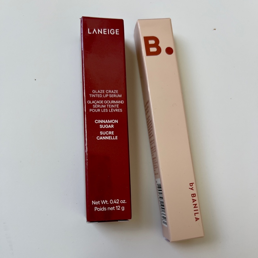 LANEIGE Glaze Craze Tinted Lip Serum - Rich Cinnamon and Banila lip pencil